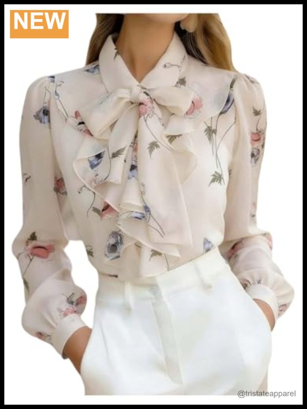 Women's Floral Bow Chiffon Blouse, Long Sleeve Ruffled Button Down Shirt,